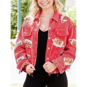 J. Lee Women’s Red Size XL Sequin football Game Day corduroy Fringe Jacket Coat